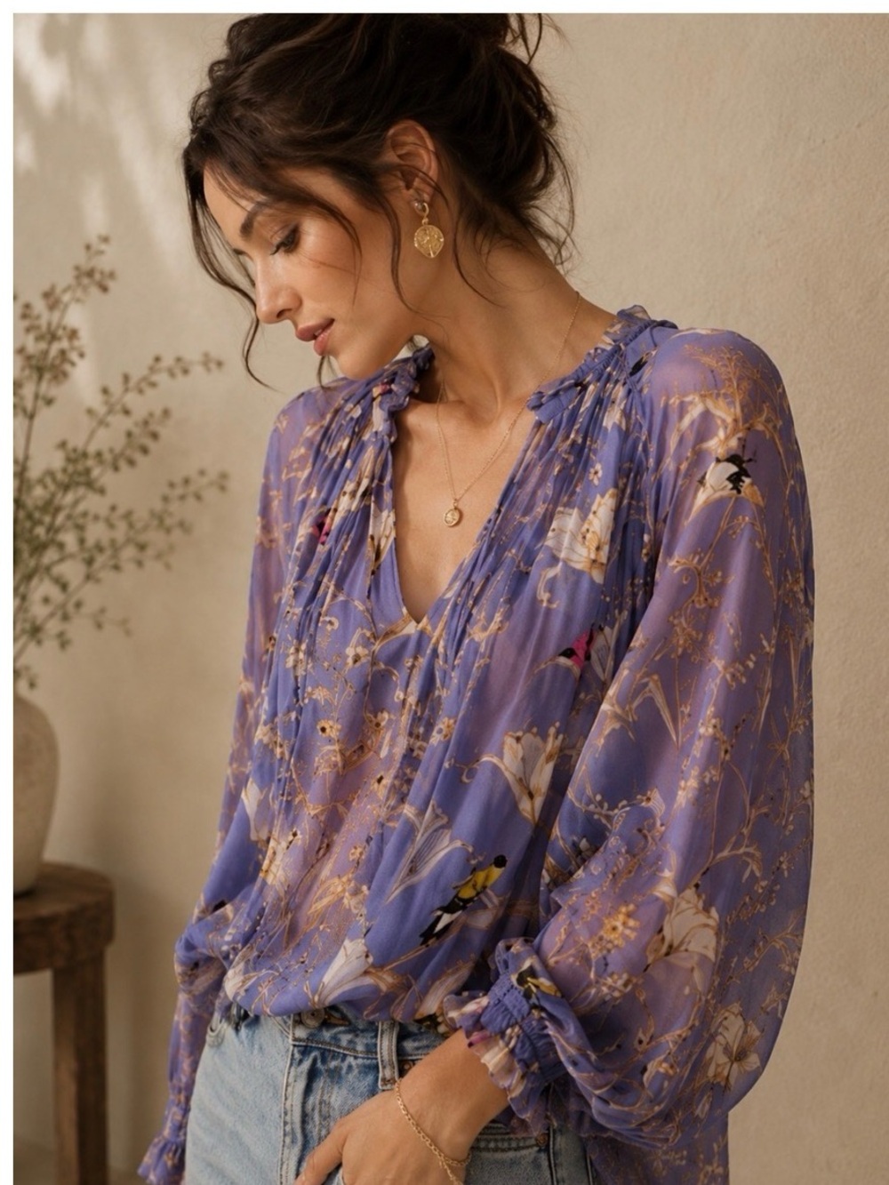 Banana Republic Sheer Lavender Floral Bird Blouse - Elegant Women's Top